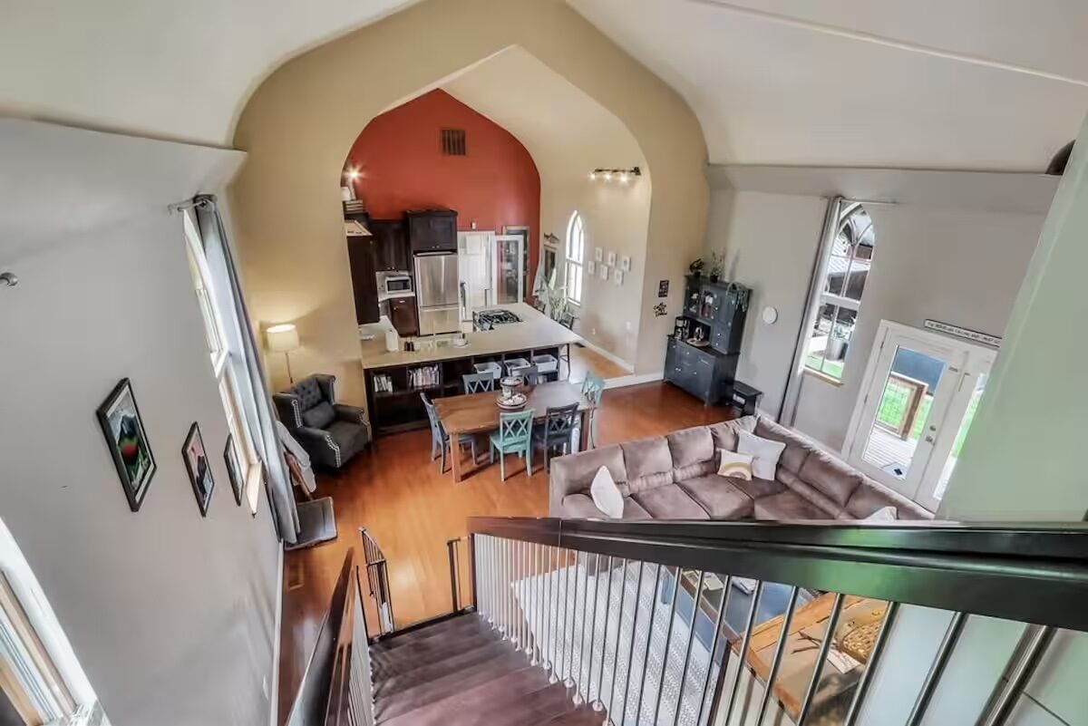 Vaulted ceiling and open living area inside the Enumclaw Church House