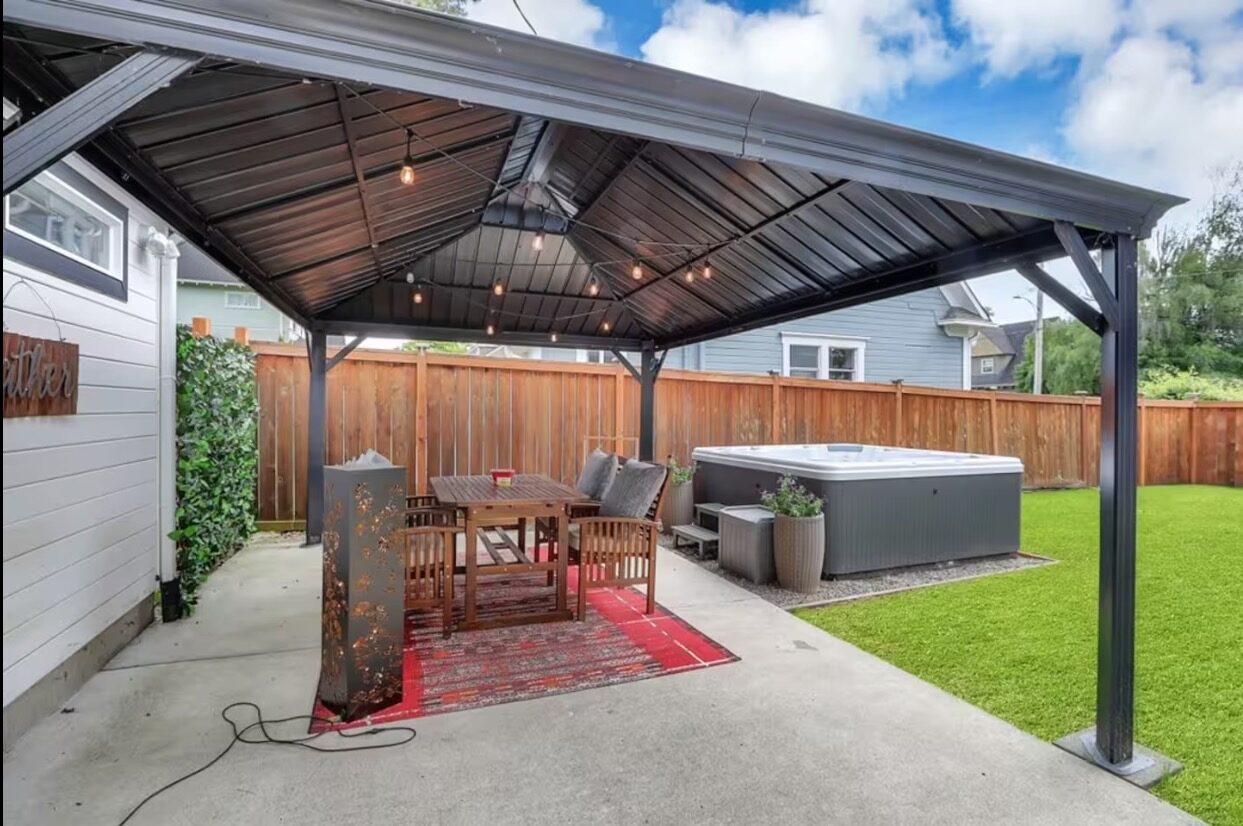 Private hot tub under a covered patio
